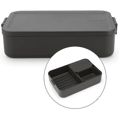 Abbildung von Brabantia Make &amp; Take Brotdose Bento Groß Herausnehmbare Fächer Deckel mit Klickverschluss Gefriergeeignet Spülmaschinen Mikrowellenfest Dark Grey 25,5 x 16,7 6,2 cm
