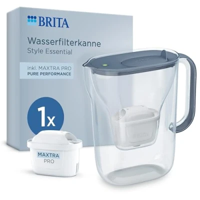 Abbildung von BRITA Wasserfilter Kanne Style Essential steinblau (2,4l) inkl. 1x MAXTRA PRO Pure Performance mit Smart Light LED &amp; Klapp Deckel passt in den Kühlschrank, filtert Verunreinigungen