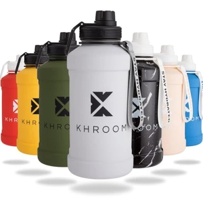 Abbildung von Khroom Edelstahl Trinkflasche 1,3L &amp; 2,2L Kohlensäure geeignet, auslaufsicher, spülmaschinenfest, einwandig, BPA frei Metall 2 Liter XXL Water Jug Outdoor Sportflasche Grau