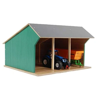 Abbildung von Kids Globe Schuppen Holz, für DREI Fahrzeuge/Anhänger Spielzeug Geräteschuppen Lagerhalle, Maßstab 1:32, Holzbauernhof, Holzstall, Bauernhof 610192