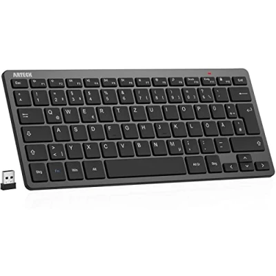 Abbildung von Arteck Kabellose Tastatur, Deutsches QWERTZ Layout Kompakte USB 2,4 GHz Mini Kabellos Tastatur mit Multimedia Tasten, Kompatibel PC, Notebook, Laptop, Windows 11, 10, 8 Schwarz