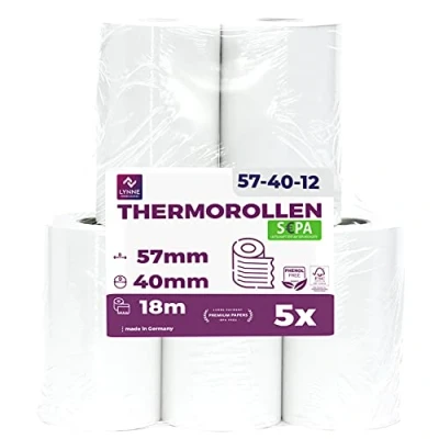 Abbildung von Ec Cash Thermorollen 57mm x 18m 12mm Kassenrollen Thermopapier Bonrollen für Bankomat Kredit Kartenlesegeräte (57x40x12) mit SEPA Lastschrifttext (5 Rollen)