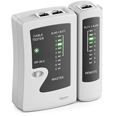 Abbildung von deleyCON Netzwerk Kabeltester RJ11 RJ12 RJ45 ISDN LAN Netzwerkkabel Patchkabel CAT6 CAT7 CAT8 Kabel Tester Leitungstester Kabelprüfer Grau