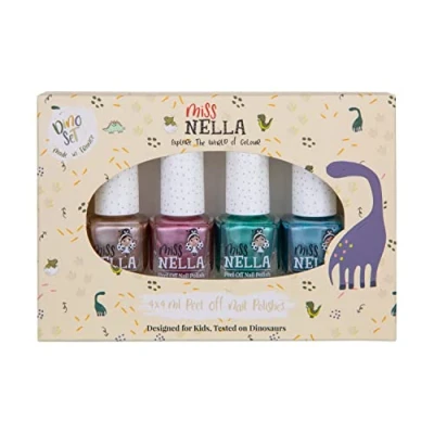 Abbildung von Miss Nella Dinosaurier chrom Nagellack 4er Set: rosa, grun, bronze &amp; blau, abziehbarer speziell für Kinder, Peel Off Formel, ungiftig, wasserbasiert und geruchsneutral
