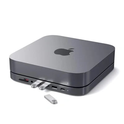 Abbildung von SATECHI USB C Hub, Typ Aluminium Stand &amp; Datenport, Micro/SD Kartenleser, 3.0 Kopfhöreranschluss, für Mac Studio, Mini M2, M1 (Nicht kompatibel mit M4) (Space Grau)