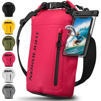 Abbildung von Nordlight Dry Bag wasserdichte Tasche mit Handyhülle + Roll Top, Schultergurt Drybag wasserfester Rucksack Beutel Packsack Seesack Wassersack Wetbag Baden Schwimmen Strand SUP Pink, 30 Liter