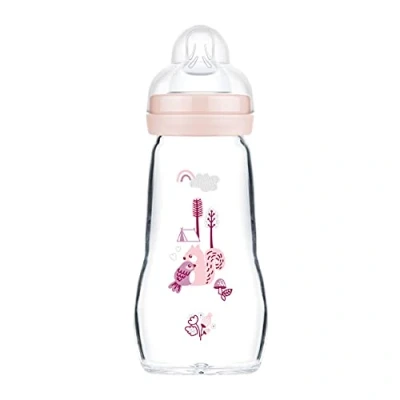 Abbildung von MAM Feel Good Babyflasche aus Glas (260 ml), Milchflasche mit weiter Öffnung, stabile Baby Trinkflasche Sauger Gr. 1, ab der Geburt, Eichhörnchen/Vogel