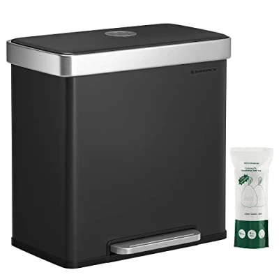 Abbildung von ‎SONGMICS Mülleimer Küche, 2 x 30 Liter, Mülltrennsystem, Fächer, 15 Müllsäcke, Abfalleimer aus Edelstahl, Inneneimer Kunststoff, mit Deckel, Softclose, 58,2 31,5 60,5 cm, schwarz LTB202B01