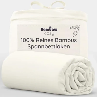 Abbildung von Elfenbein Bettlaken Spannbetttuch 90x190 cm Bambusfasern Atmungsaktive Bettwäsche Kuschelig Kühlender Bettbezug Winter und Sommer Spannbettlaken Besser Schlafen Bambaw
