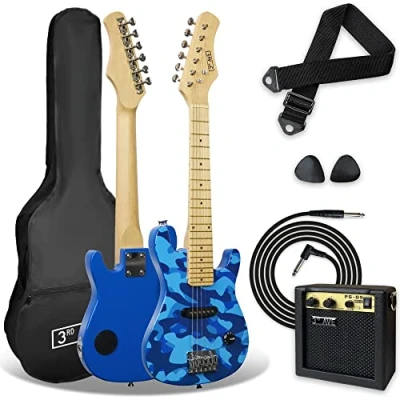 Abbildung von 3rd Avenue E Gitarrenset für Kinder in 1/4 Größe, Junior Gitarre Anfänger mit 6 Monate KOSTENLOSEM Unterricht, tragbarem Verstärker 5 W, Kabel, Tasche, Plektren und Gurt Camouflage Blau