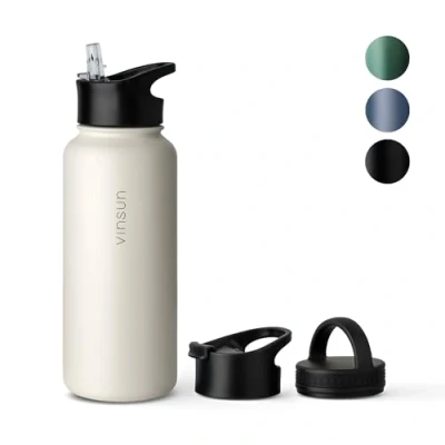 Abbildung von Vinsun Edelstahl Trinkflasche weiß 1L 3 Deckel auslaufsicher, Kohlensäure geeignet, BPA frei leichte Thermosflasche Sport, Outdoor, Schule, Uni, Fahrrad, Büro, Gym