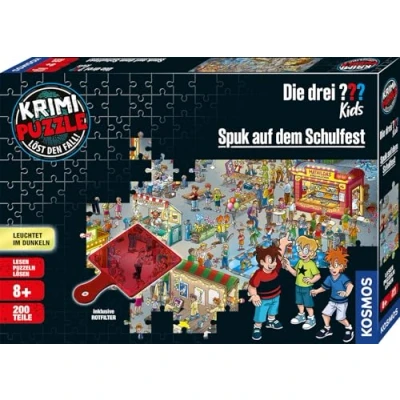 Abbildung von Die drei ??? Kids Krimi Puzzle Spuk auf dem Schulfest von KOSMOS 697983, Leuchtet im Dunkeln, 200 Teile, Lesen, Puzzeln, Rätsel lösen, Detektiv für Kinder ab 8 Jahre