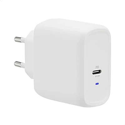 Abbildung von Amazon Basics USB C Wandladegerät mit 1 Port, 65 W, GaN, für Laptops, Tablets und Handys Stromversorgung, Weiß (Nicht PPS), 5,61 x 2,87 5 cm
