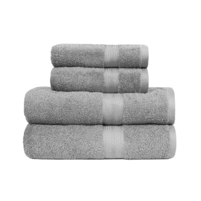 Abbildung von Amazon Basics 4 Stück Badetuch Set für Badezimmer, lichtbeständig, 100 % Baumwolle, weich und saugfähig, 2 Badetücher Handtücher, Grau