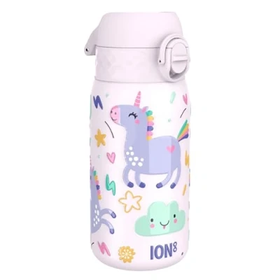 Abbildung von Ion8 Kinder Trinkflasche, Edelstahl 400ml, Auslaufsicher, Einhandöffnung, Sichere Verriegelung, Spülmaschinenfest, Klappdeckel, Tragegriff, Leicht zu Reinigen, Langlebig &amp; Kratzfest, Einhorn Design