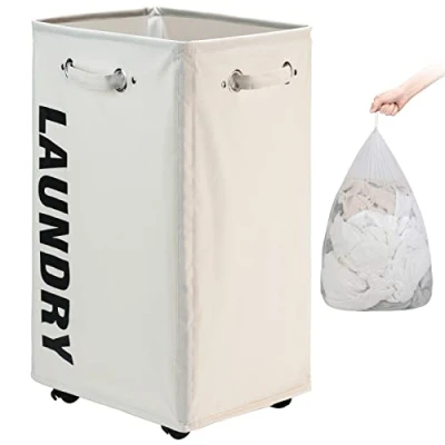 Abbildung von DOKEHOM 29 Inches Großen Faltbare Wäschekörbe mit Rad, Zusammenklappbaren Wäschesäcke, Kleider Tasche (Beige, XL) EINWEG