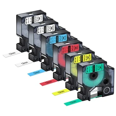 Abbildung von NineLeaf 6 x Kompatibel für Dymo D1 12mm Schriftband 45013 45010 45016 45017 45018 45019 Etikettenband 7m LabelManager 160 280 100 210D 360D 420P,Schwarz auf Klar/Weiß/Gelb/Rot/Grün/Blau