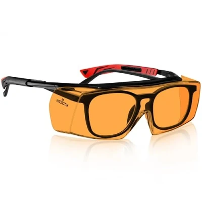 Abbildung von NoCry Blaulicht Filter Schutzbrille für Brillenträger und Nicht Brillenträger, 100% UV Schutz, Orangefarbene, kratzfeste Antibeschlag Brille; Blaulichtfilter Brille Damen, Herren; ANSI Z87.1