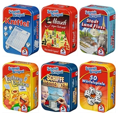 Abbildung von Schmidt Spiele Bringsel Seeschlacht/Lachen Lachen/Stadt, Land, Fluss/Yahtzee/Ludo/50 Würfelspiel