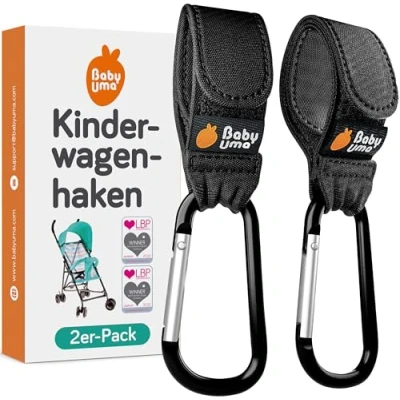 Abbildung von Baby Uma Preisgekrönte Kinderwagen Haken für Taschen (2 Stück) Universelle Karabinerhaken groß, Karabiner Kinderwagen, Anhänger, Taschenhalter Zubehör (Schwarz)