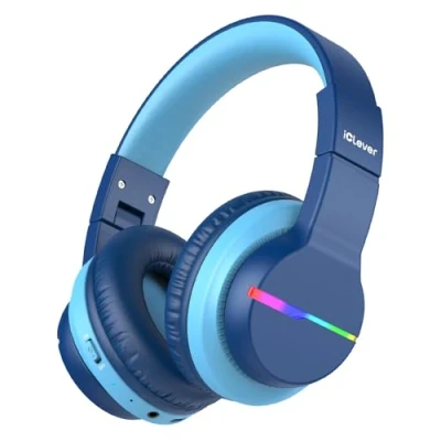 Abbildung von iClever Bluetooth Kinder Kopfhörer, Farbige LED Leuchten, Kinderkopfhörer Over Ear mit 74/85dBA Lautstärkebegrenzung, 85 Stunden Spielzeit, 5.2, eingebautes Mikrofon BTH12