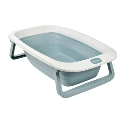 Abbildung von BÉABA, Faltbare Babybadewanne, Ultrakompakt, Rutschfeste Füße, Trendiges Design, Abflussstopfen, Praktische Aufbewahrung, Minimaler Platzbedarf, Einfache Benutzung, Eazy Pop Camélé&#039;O, 29L, Blau