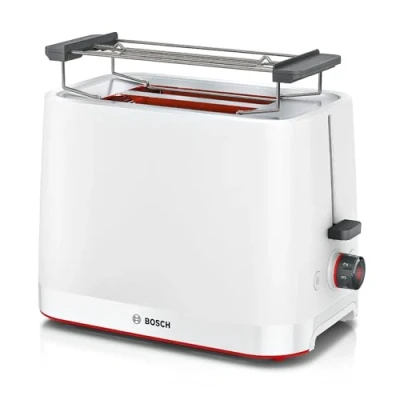 Abbildung von Bosch Kompakt Toaster MyMoment TAT3M121, entnehmbarer klappbarer Brötchenaufsatz, mit Auftaufunktion, Abschaltautomatik, Liftfunktion, Brotzentrierung, ideal für 2 Scheiben, 800 Watt, Weiß matt