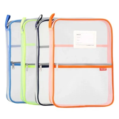 Abbildung von Netz Dokumententasche, Nylon, Reißverschluss, A4, Studenten, Hausaufgaben, Bürobedarf, 4 Stück (Orange, Grün, Blau, Dunkelblau)