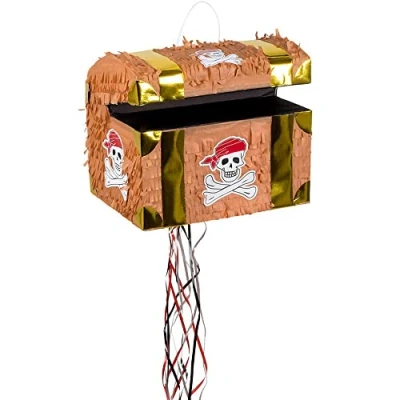 Abbildung von Boland 30935 Pinata Schatztruhe, 30 x 26 23 cm, Braun Gold, Karton, Schlag Pinata, Kinder Geburtstag, Mottoparty, Feier, Deko, Süßigkeiten, Geschenke