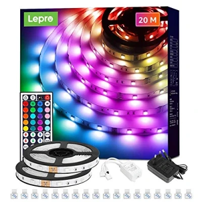Abbildung von Lepro LED Strip 20M(2x10M) RGB Set, 5050 SMD 600 LEDs Streifen, 12V, Band Selbstklebend, Flexibel Lichtband, Lichterkette IP20, Leiste Kette Dimmbar, Netzteil und Controller enthalten