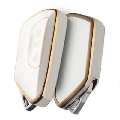 Abbildung von OATSBASF Autoschlüssel Hülle für VW, Schlüssel Kompatibel Golf 8 Seat Leon MK 4 Tarraco Ateca Skoda Octavia TPU Silicone Schlüsselhülle (Goldener Rand Weiß)