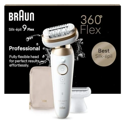 Abbildung von Braun Silk épil 9 Flex, Epilierer mit flexiblem 360 Kopf für eine einfache Haarentfernung, Wet&amp;Dry, langanhaltend seidig glatte Haut, Rasier und Trimmeraufsätze, Made in Germany, 041 3D, Weiß/Gold