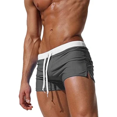 Abbildung von TMEOG Badeshorts für Herren Badehose Kurz Badehosen Männer Eng Schwimmhose Boxer Badepants Wassersport Kurze Hose Schnelltrocknende Strandshorts mit Reissverschluss (Grau, M)