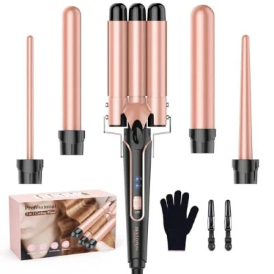 Abbildung von BESTOPE PRO Lockenstab Lockenstäbe 3 Fässer Welleneisen 5 in 1 Set für großer Wellen, Temperatureinstellung, Schnellaufheizung und einem Handschuh, 2 Clips, Roségold