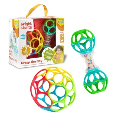 Abbildung von Bright Starts Easy Grasp Oball Bundle Geschenk Set the Day, Ball und Rasselspielzeug 2er Pack, BPA frei, Unisex, Newborn+