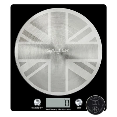 Abbildung von Salter 1036 UJBKDR Disc Elektronische Waage mit Edelstahl Plattform, elegantes schlankes Design, Küchenwaage, Edelstahlplattform, Tara funktion, Misst Flüssigkeiten, Kapazität 5kg, Union Jack Design