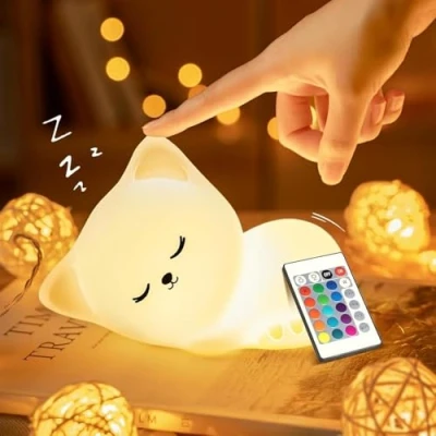 Abbildung von One Fire Nachtlicht Kinder Baby Spielzeug Katze, 16 Farben+Fernsteuerung+USB Aufladbar Stilllicht Dimmbar Nachttischlampe