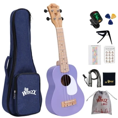 Abbildung von Winzz Ukulele Kinder Sopran, Erwachsene Anfänger Set, 21 Zoll, mit 9 Zubehör, Kleine Einsteiger Kindergitarre 4 Saiten (Farbe: Violett, Holz)