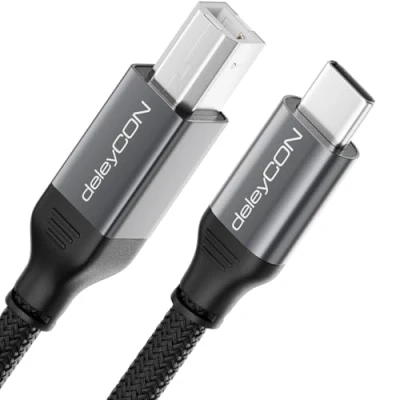 Abbildung von deleyCON 3,0m USB C Druckerkabel (für Drucker, Scanner, MIDI) auf B Kabel Geflochten + Metallstecker für Epson HP Samsung Canon Brother iPhone 16 15 Notebook Tablet PC MacBook