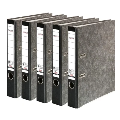 Abbildung von Original Falken 5er Pack Recycling Ordner Wolkenmarmor. Made in Germany. 5 cm schmal DIN A4 schwarzer Rücken Ringordner Aktenordner Briefordner Büroordner Pappordner CO2 Neutral Blauer Engel