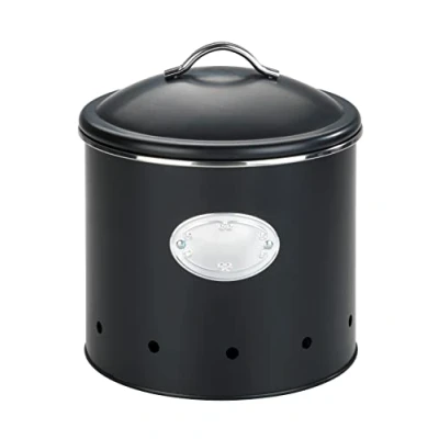 Abbildung von WENKO Aufbewahrungsdose Mod. Nero mit Löchern, 4 Liter, luftdurchlässige Dose aus lackiertem Metall silberfarbener Applikation, Retro Design, Ø 18,7 x 21 cm, Schwarz