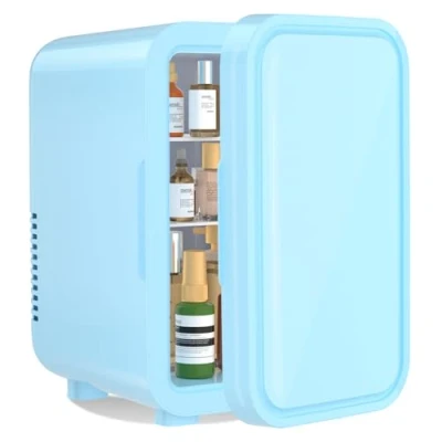 Abbildung von YASHE Mini Kühlschrank, 6 Liter/8 Dosen, 220240 V AC/DC, tragbarer thermoelektrischer Kühler, Kühlschränke für Schlafzimmer, Hautpflege, Getränke, Büro, Wohnheim und Auto, blau