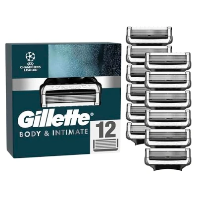 Abbildung von Gillette Body &amp; Intimate Rasiererklingen, 12 Ersatzklingen, mit verbesserten Gleitstreifen für eine sanfte und einfache Anwendung, dermatologisch getestet