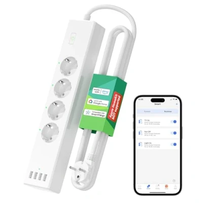 Abbildung von Meross WLAN Steckdosenleiste Überspannungsschutz 4 Fach Smart Mehrfachsteckdose Wandmontage mit USB, kompatibel HomeKit, Alexa und Google Home, Zeitschaltuhr, Sprachsteuerung Fernbedienung
