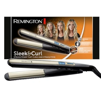 Abbildung von Remington Glätteisen Sleek &amp; Curl (abgerundetes Design ideal zum Glätten Stylen von Locken und Wellen, hochwertige Ultra Turmalin Keramikbeschichtung) LCD Display, 150 230C, Haarglätter S6500