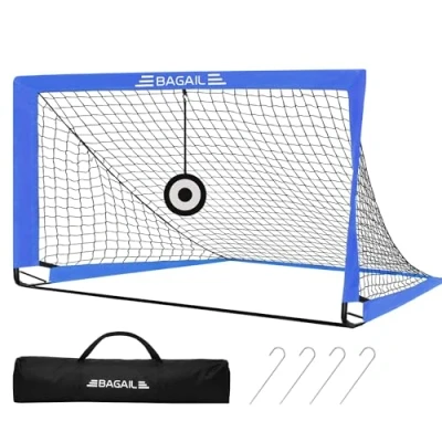 Abbildung von BAGAIL Fußballtor, Pop up Fußballnetz mit Zieltor, Erdnägeln und tragbarer Tragetasche, einfach zu montieren, ideales Fußballtor für Gartentraining Freizeitsportspiele
