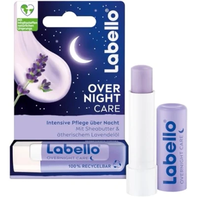 Abbildung von LABELLO Overnight Care Lippenpflegestift, Lippenpflege mit Sheabutter &amp; ätherischem Lavendelöl für sanfte Lippen am Morgen, Lippenbalsam 8h Pflege über Nacht (4,8 g)