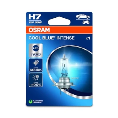Abbildung von Osram COOL BLUE® INTENSE H7, +100% more brightness, up to 5,000K, halogen headlight lamp, LED look, Single Blister (1 lamp)