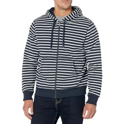 Abbildung von Amazon Essentials Herren Fleece Kapuzenpulli mit durchgehendem Reißverschluss (erhältlich in den Größen Big &amp; Tall), Marineblau Weiß Streifen, L
