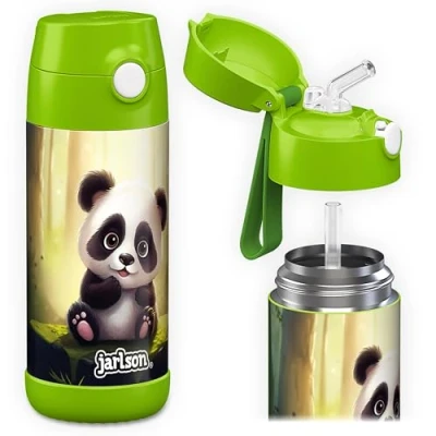 Abbildung von JARLSON® Trinkflasche Kinder Edelstahl &quot;CHARLI&quot; mit Strohhalm Thermosflasche 350ml TÜV geprüft BPA frei auslaufsicher Thermo Wasserflasche für Schule, Kindergarten Panda, 350 ml